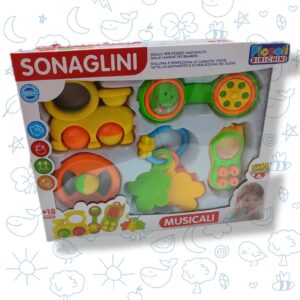 Baby rattles of different shapes. Set with 5 pieces